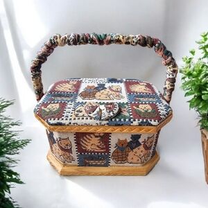 Vintage Tapestry Patchwork Cat Design Sewing Basket